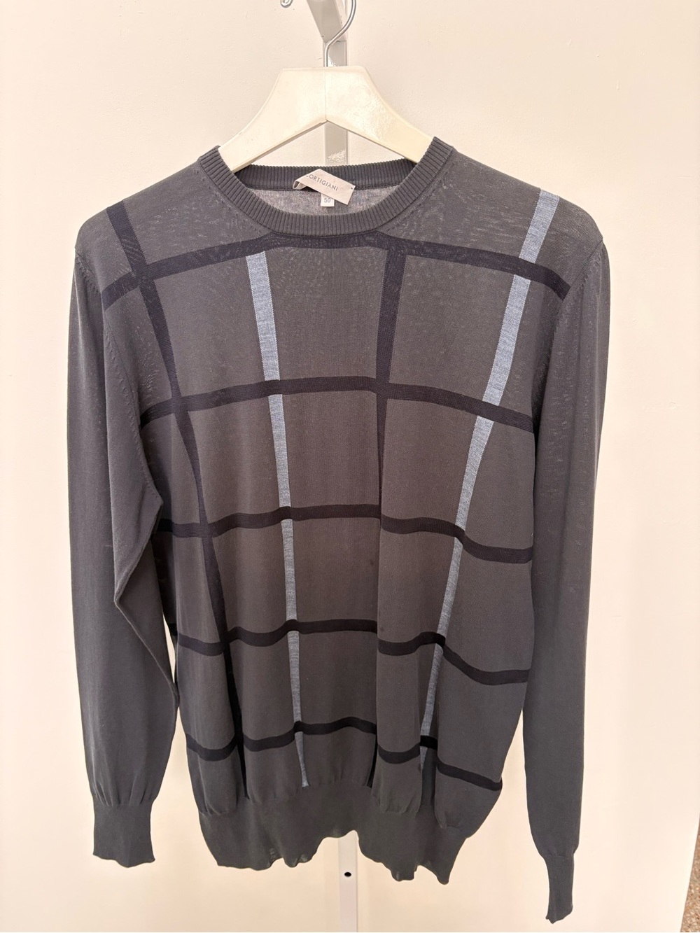 Cortigiani Men's Charcoal Windowpane Crewneck Sweater